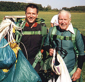 Morgan (age 74) following his first jump, a tandem skydive with Allen